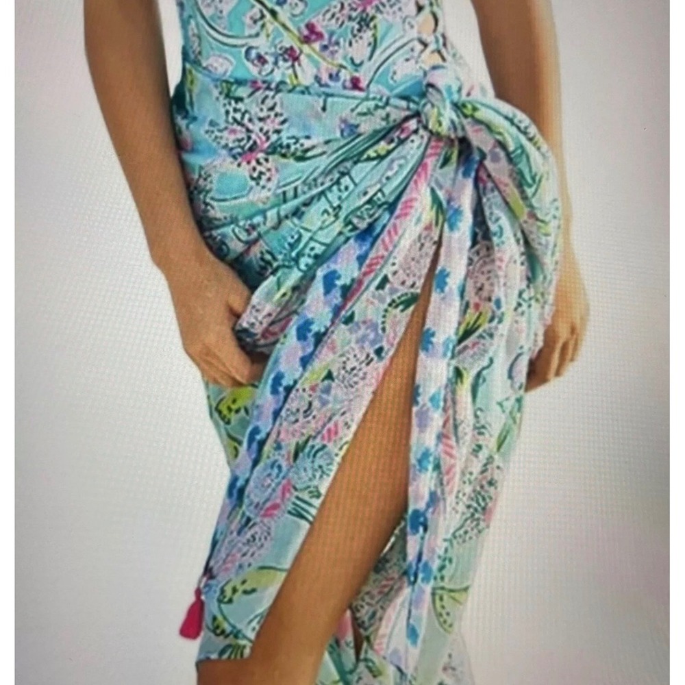 Lilly Pulitzer Seaspray Wrap Scarf Bali Blue Sway This Way Tassel Floral 76x41"